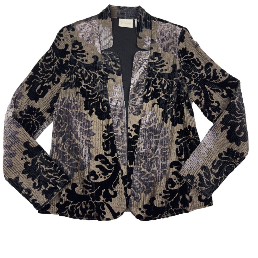 Chico's Open Front Floral Velvet Artsy Art To Wear Jacket Women's Size 1/Medium
